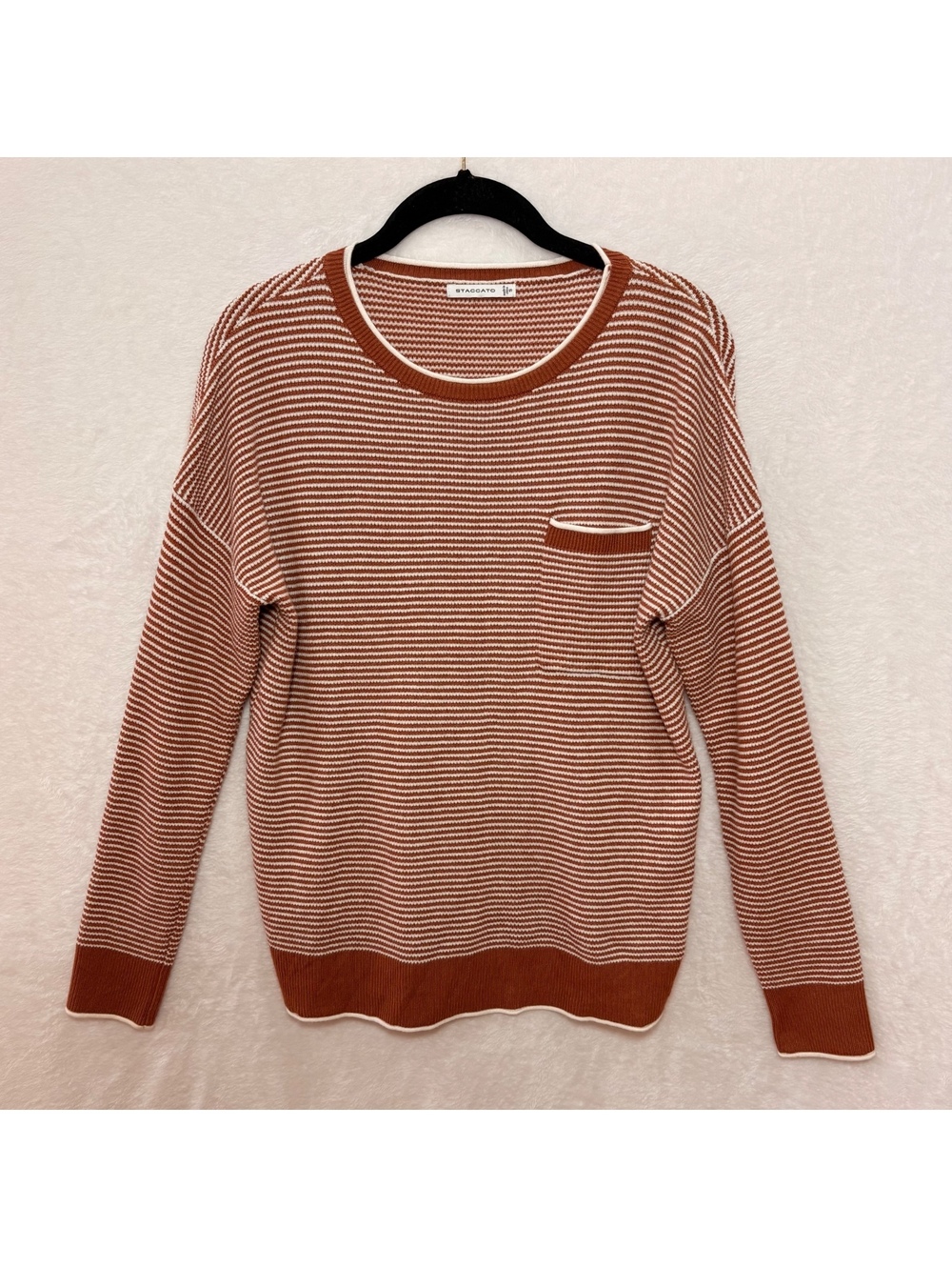 Staccato Women’s Small Rust Cream Striped Crewneck Long Sleeve Sweater Pocket